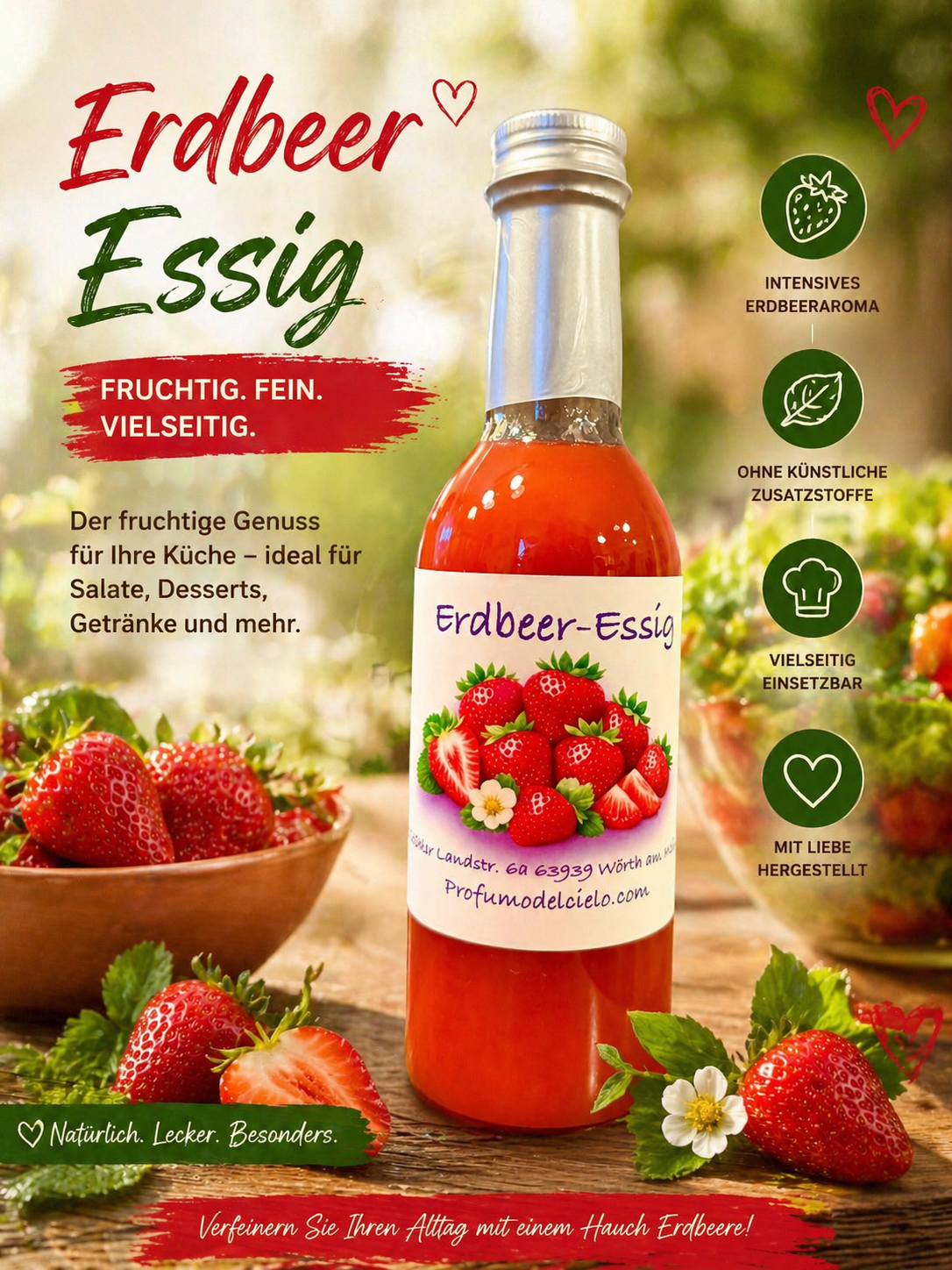 Erdbeeressig kaufen – Fruchtiger Gourmet Essig für Salate & Desserts